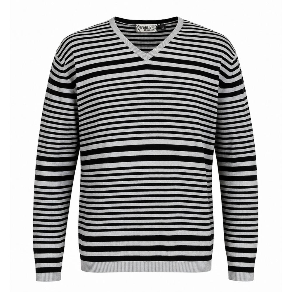 Public Opinion Men's 2XL Black Gray Striped V-Neck Knit Sweater 100% Cotton
